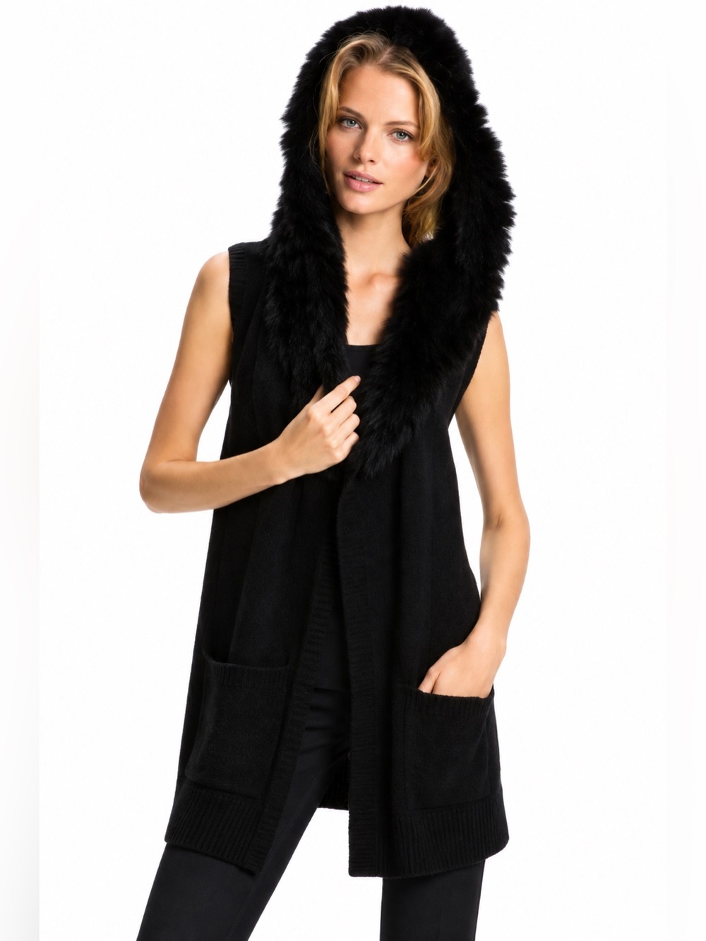 Theory $650 wool vest rabbit oversized hood